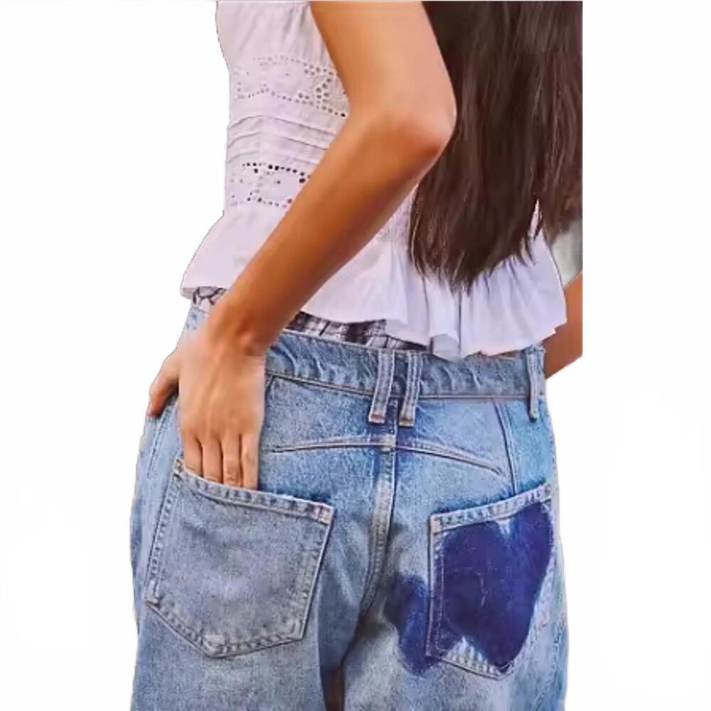 NEW BARREL Y2K Streetwear SZ S High Rise Slouchy Cropped Denim Heart Jeans Pants - Picture 3 of 9